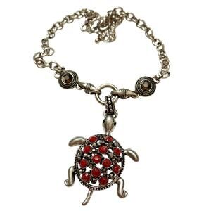 Silver Tone Metal Chain Beaded Turtle Pendant Necklace